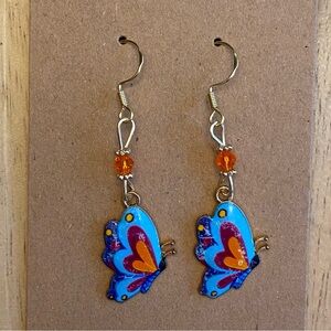 Hand Crafted Blue Orange Pink Beaded Butterfly Dangle Earrings